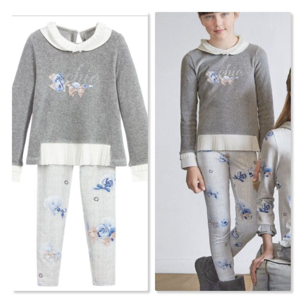 Lapin House Blue Rose Velvet Top & Leggings Set size 2